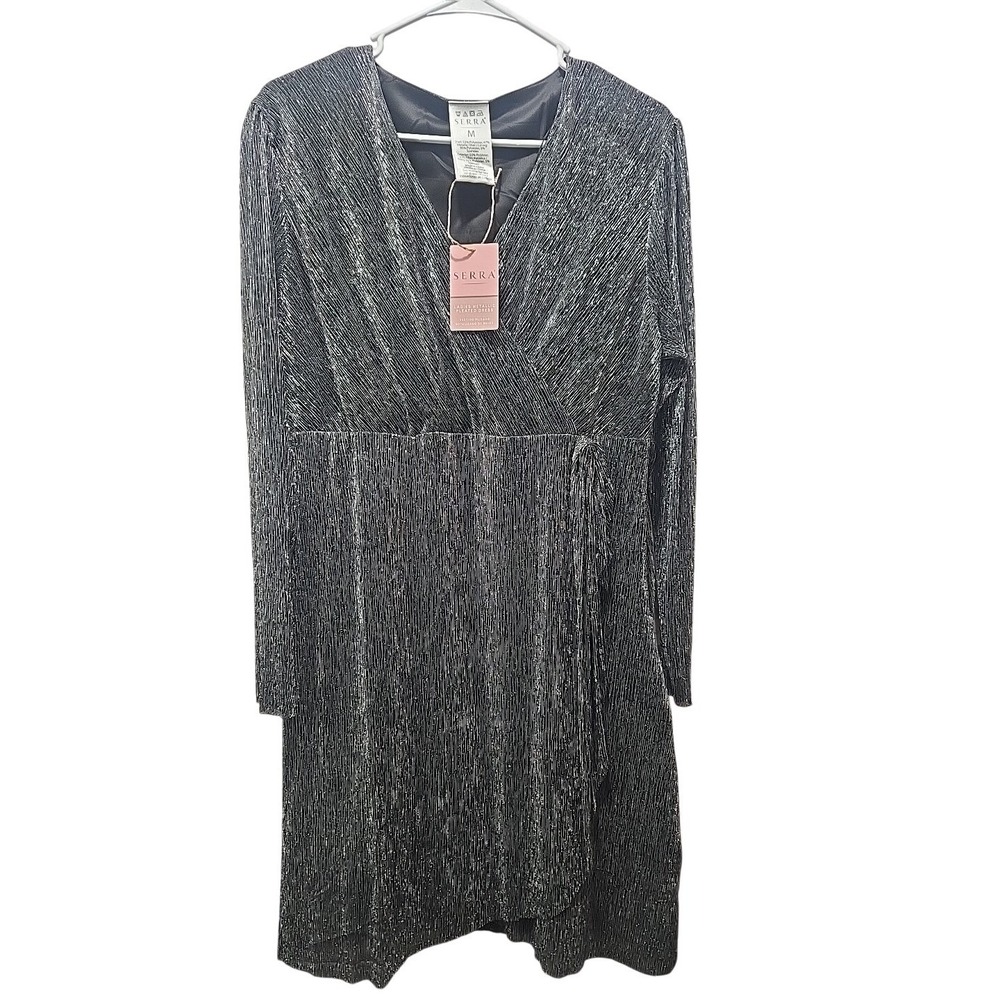 Serra Womens Metallic Silver Pleated Wrap Dress Long Sleeve V-Neck Size M NWT